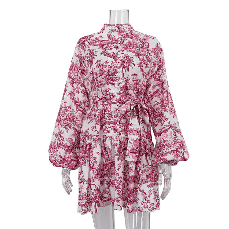 Robe courte à manches longues et imprimé encre, avec manches bouffantes tendance, cravate à revers, coupe trapèze