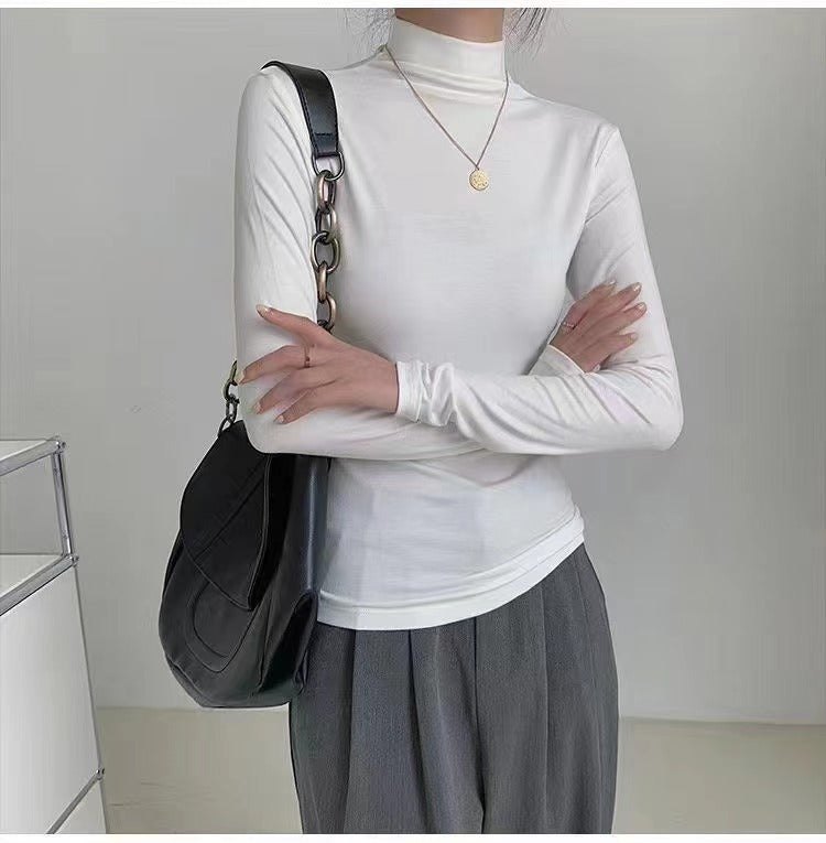 Chemise à col roulé et manches longues pour femme, en coton, avec fil intérieur