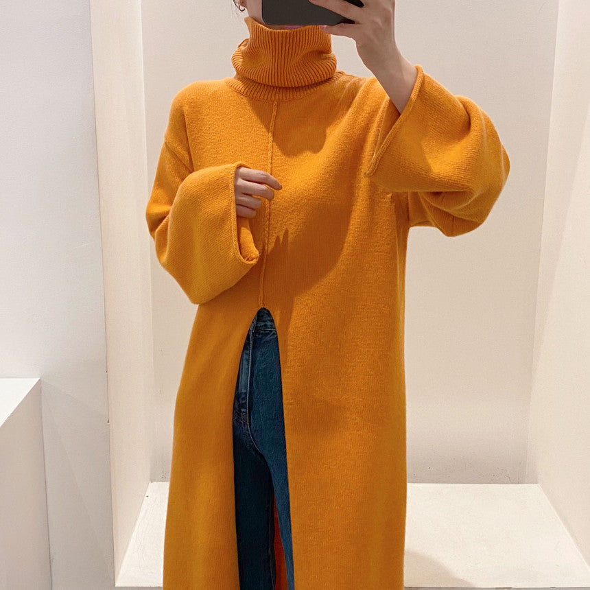 Robe en tricot ciré doux et chaud à col haut et fente