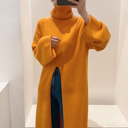 Robe en tricot ciré doux et chaud à col haut et fente