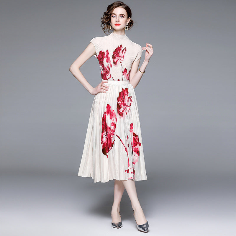 Ensemble deux pièces de costume plissé imprimé de style occidental