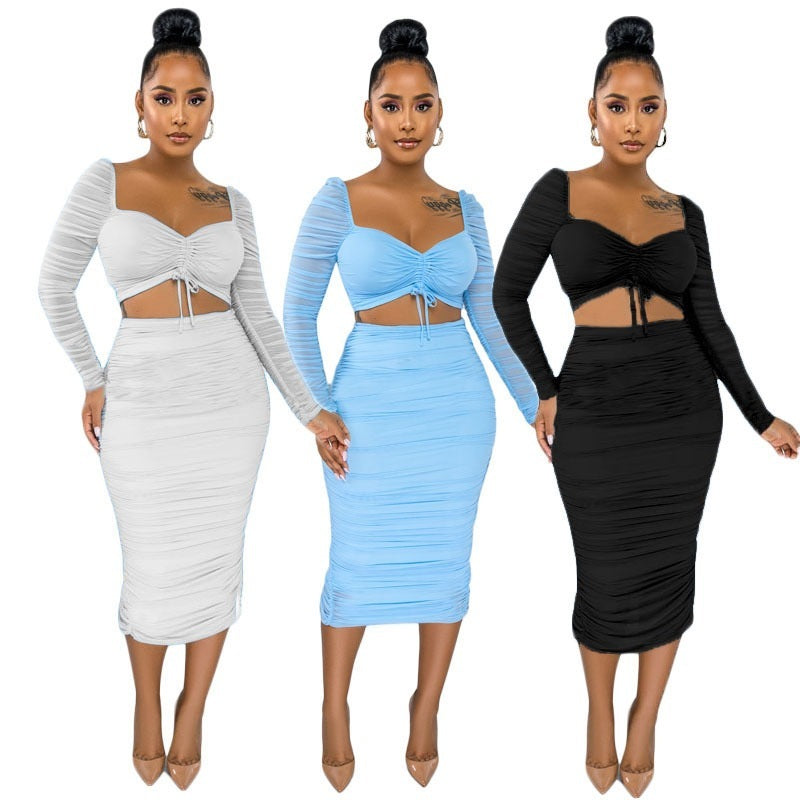 Sexy Drawstring Mesh Skirt Two-piece Suit