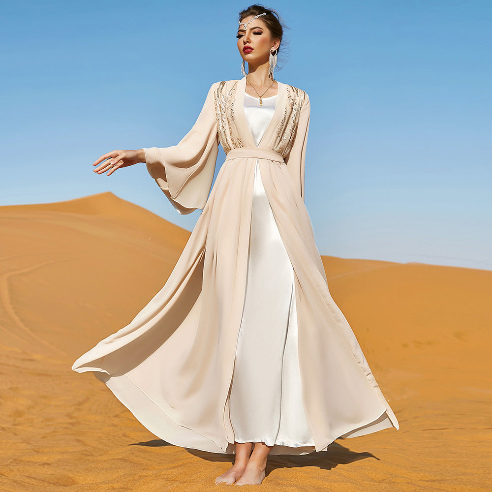 Robe d'extérieur tendance en mousseline beige à double épaisseur