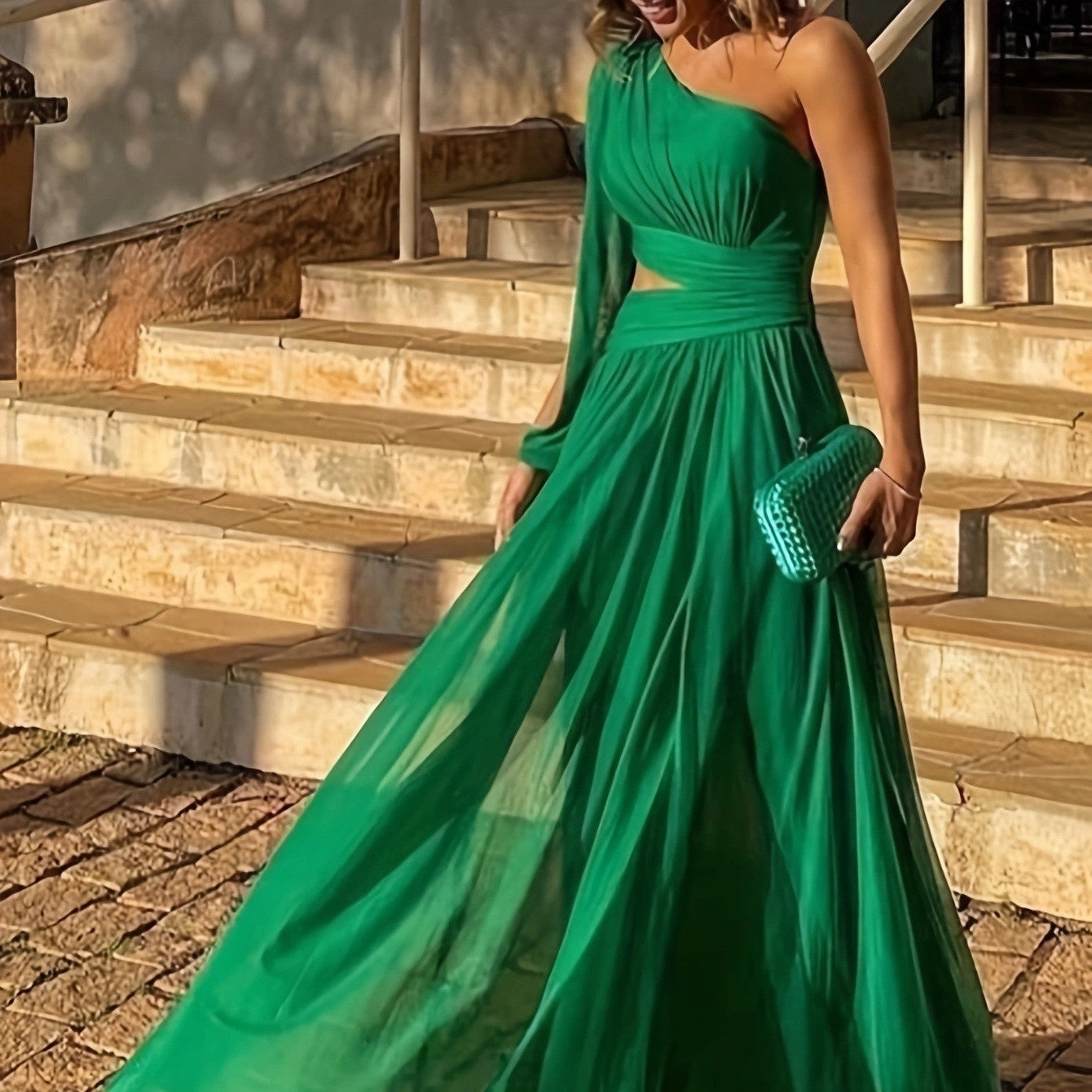 Robe longue élégante et slim, couleur unie, tenue printemps-été, asymétrique, taille basse
