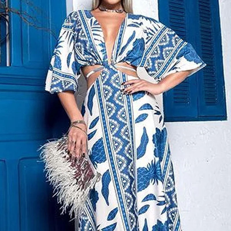 Robe imprimée à col en V et manches mi-longues pour femme