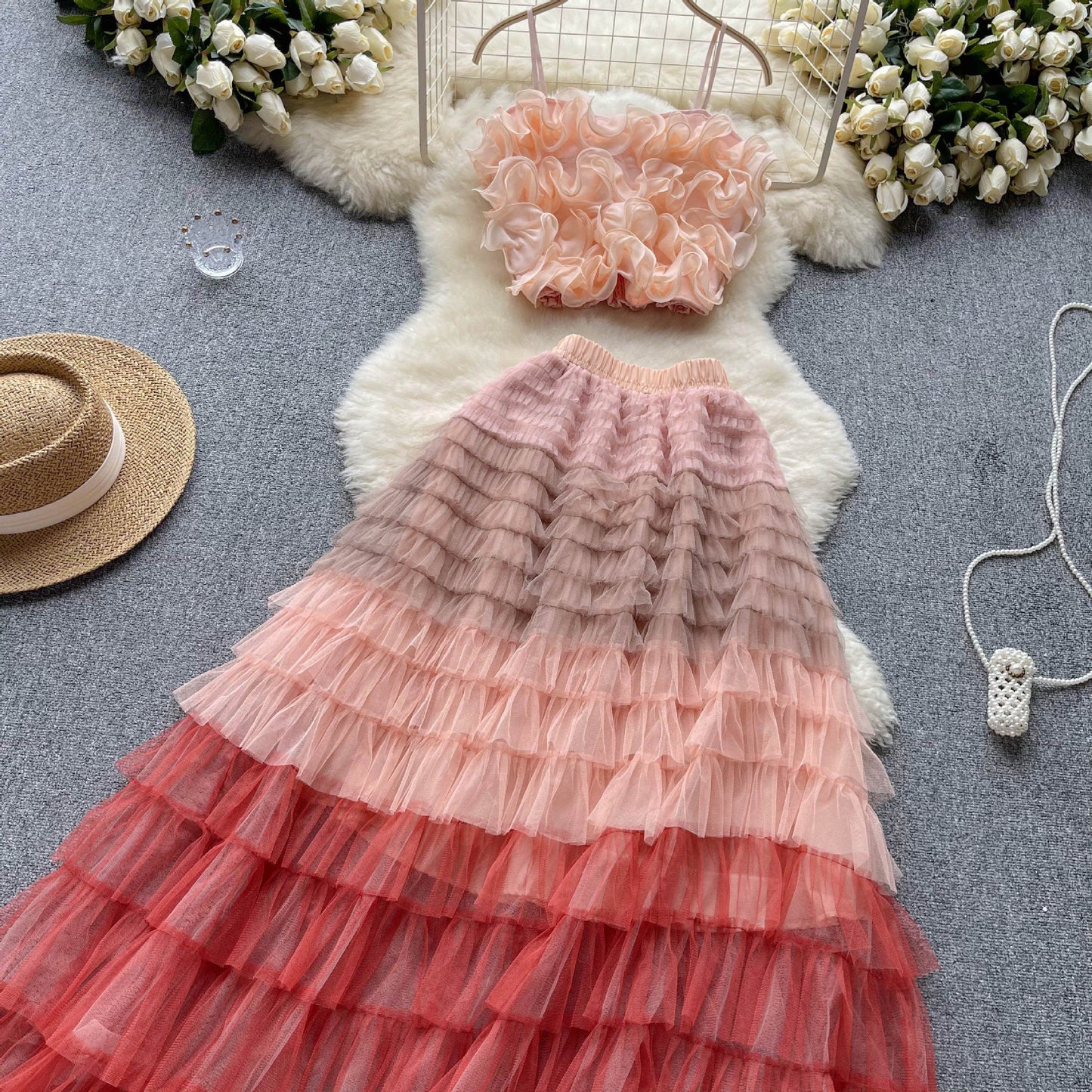 High-grade Ladies Suit Women's Three-dimensional Flower Mesh Camisole Fairy Mesh Half-length Dress Two-piece Set