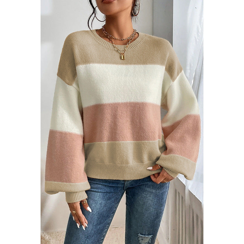 Pull ras du cou color-block décontracté à épaules amples et manches lanternes pour femme