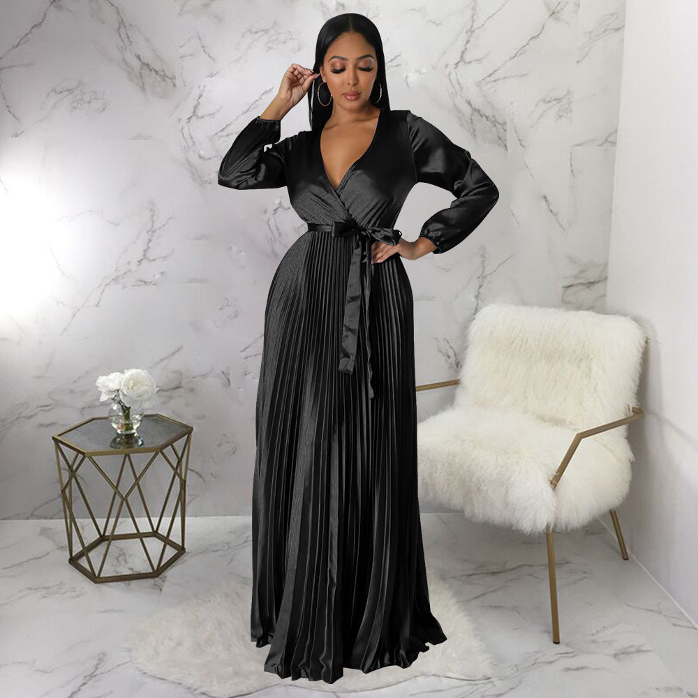 Robe plissée à manches lanternes pour femme