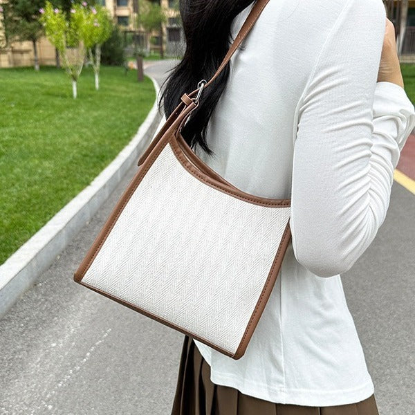 Sac à main en toile à coutures assorties, grande capacité
