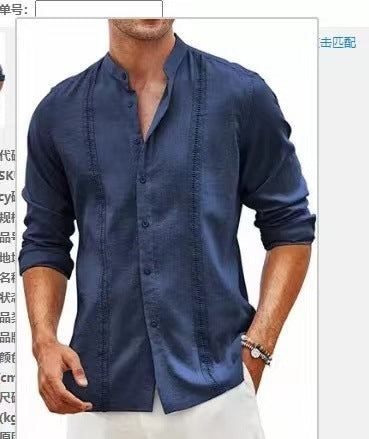 Camisa informal de manga larga con cuello alto de algodón y lino a la moda para hombre