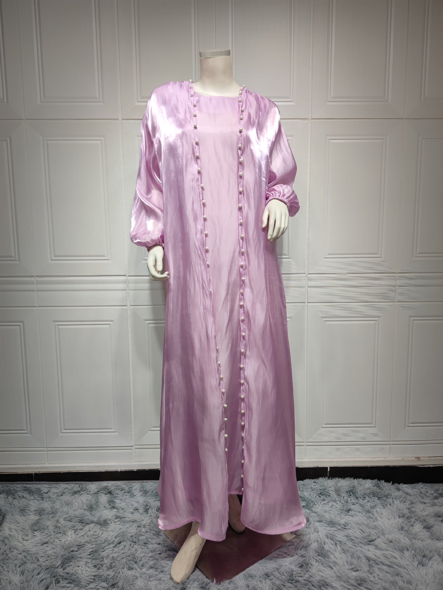 Women's Fashion Fil-Lumiere Satin Silk Dress Foam Beads Solid Color Suit