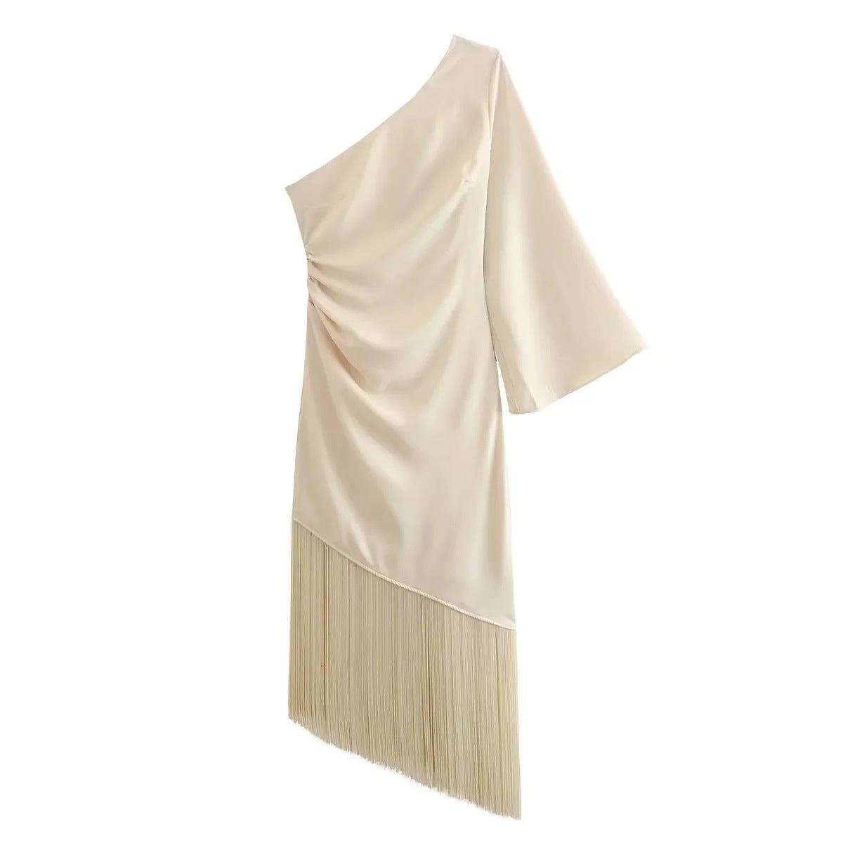 Robe décontractée plissée, coupe ajustée, coupe inclinée, bas à franges, une épaule, pour les vacances