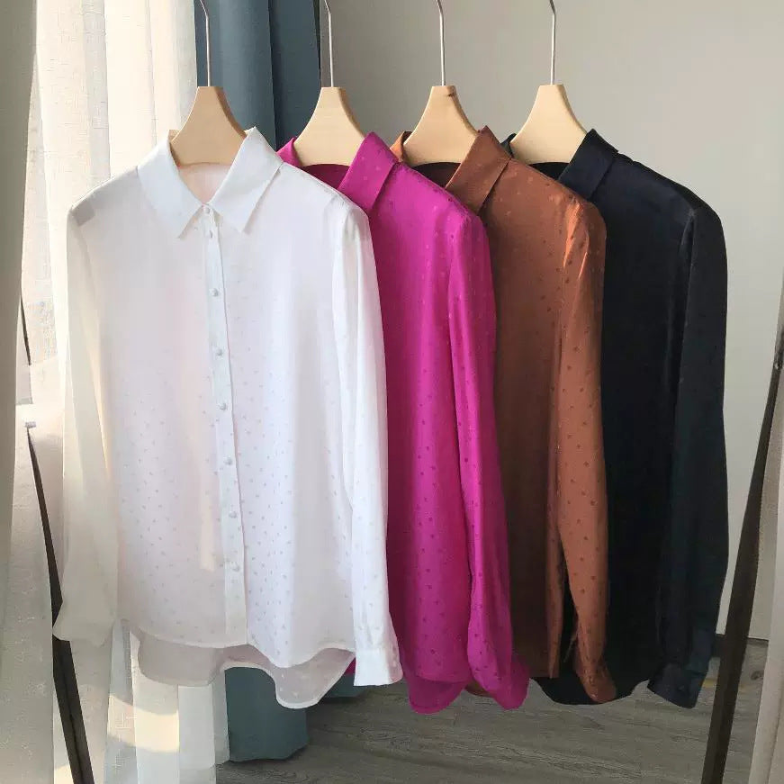 Chemise à manches longues en crêpe satin soyeux, ample et décontractée, style minorité française, revers brillant