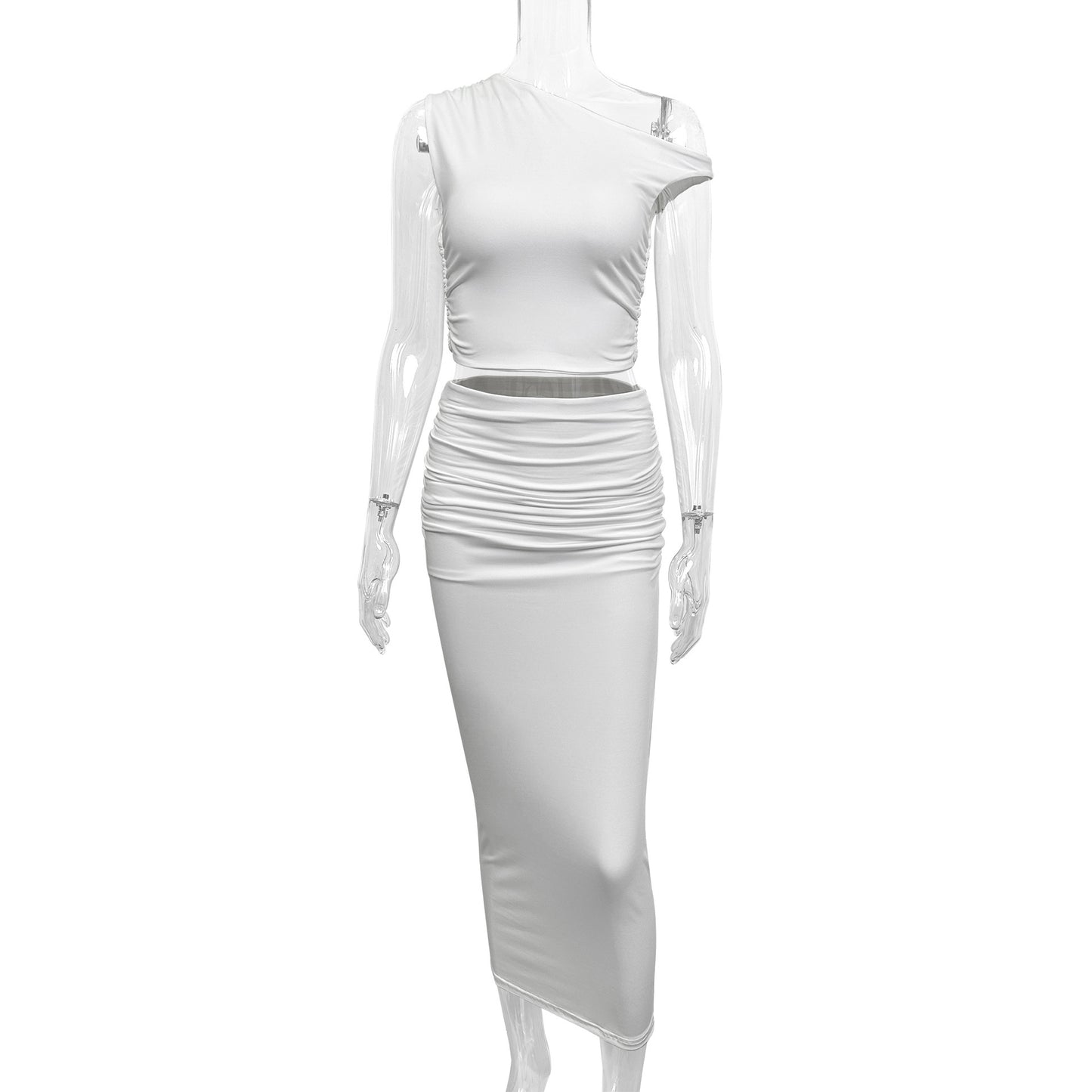 European And American Sexy Oblique Shoulder Collar Fashion Hot Girl Solid Color Pleated Sleeveless Sheath Suit