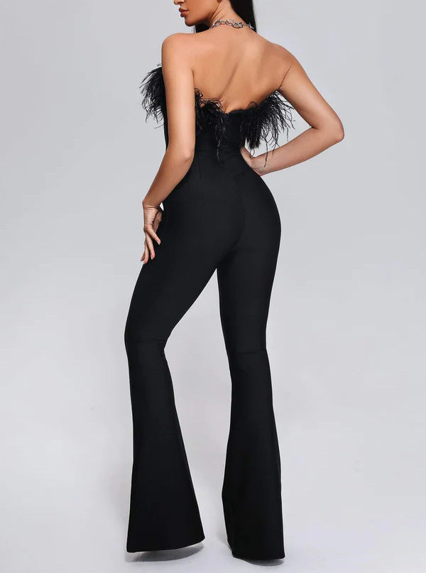 Sexy Sleeveless Feather Slimming Bowknot Decoration Straight Long Jumpsuit