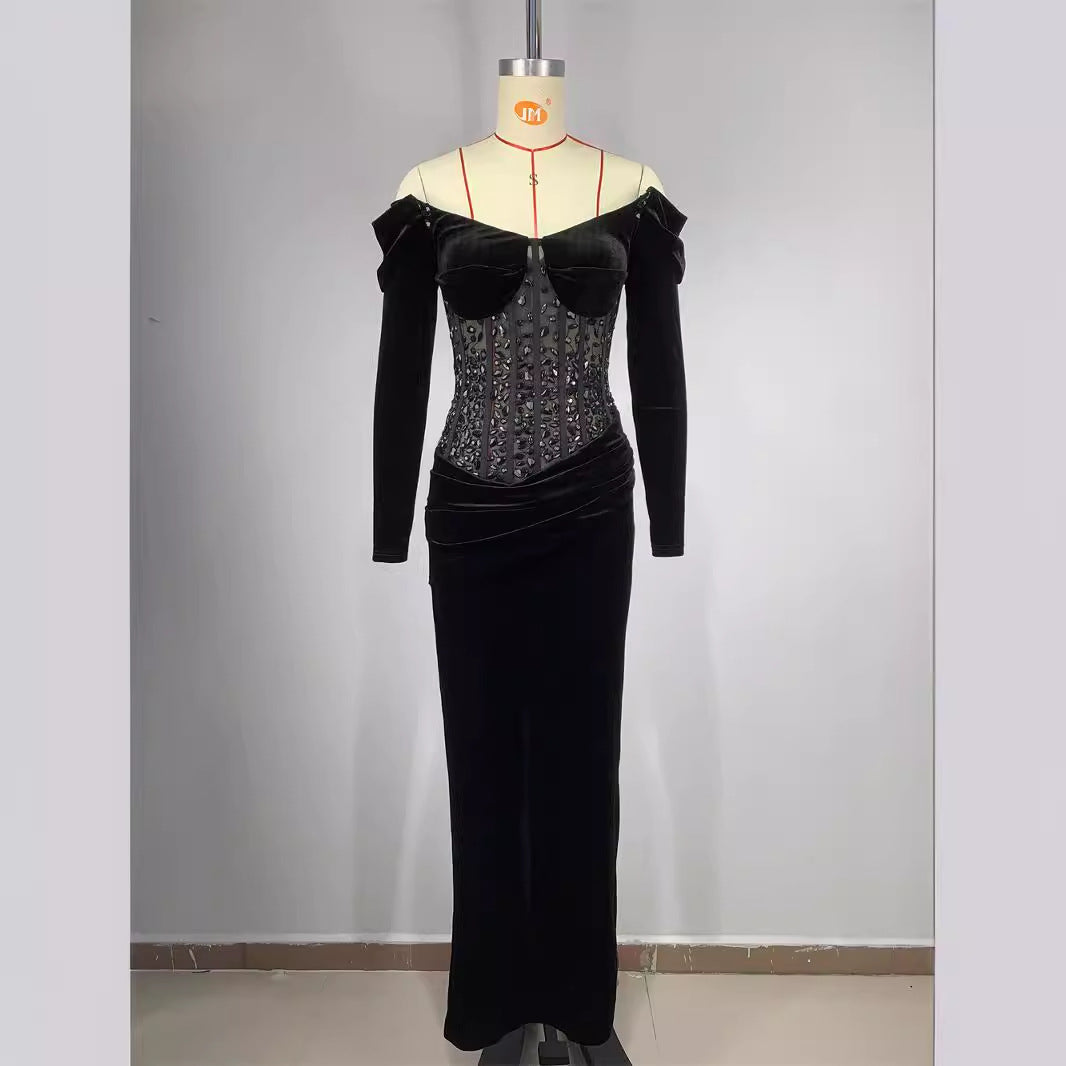Vestido largo informal ajustado con abertura y ribete de diamantes, sin mangas, sexy, negro