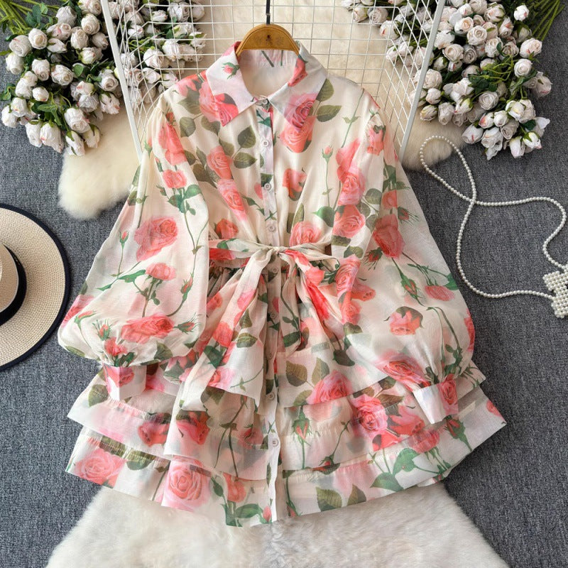 Retro Lace Up Waist Trimming Printing Ruffled Tiered Dress Short Shirt Legant Jumpsuit
