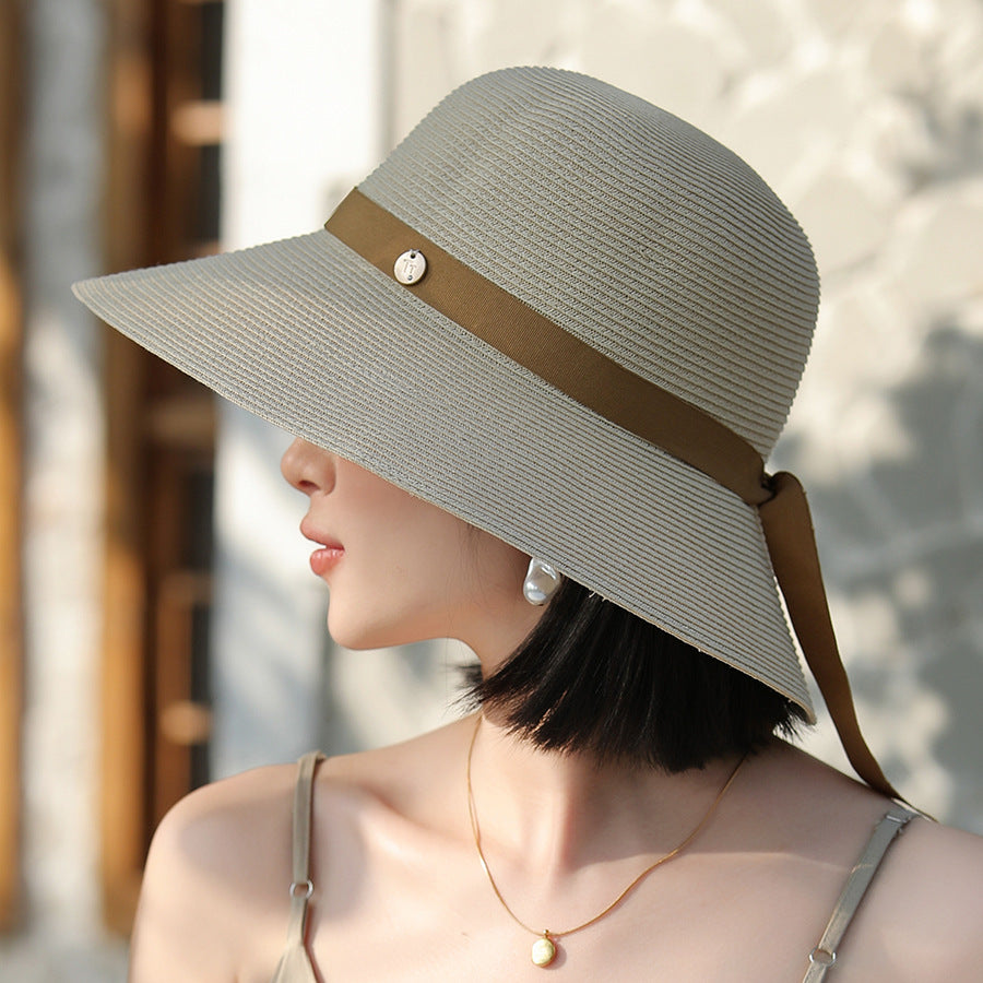 Sombrero de paja con ala ancha encriptada, con cordones y resistente al sol, elegante