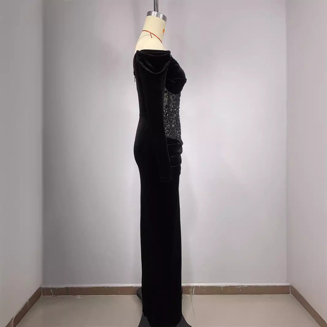Vestido largo informal ajustado con abertura y ribete de diamantes, sin mangas, sexy, negro