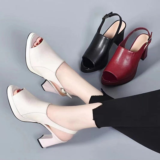 Escarpins à talons hauts épais et semelle souple en cuir véritable pour femmes
