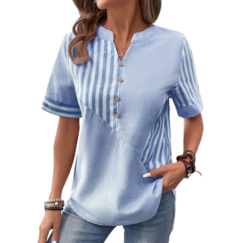 Haut patchwork à rayures asymétriques et col en V pour femme