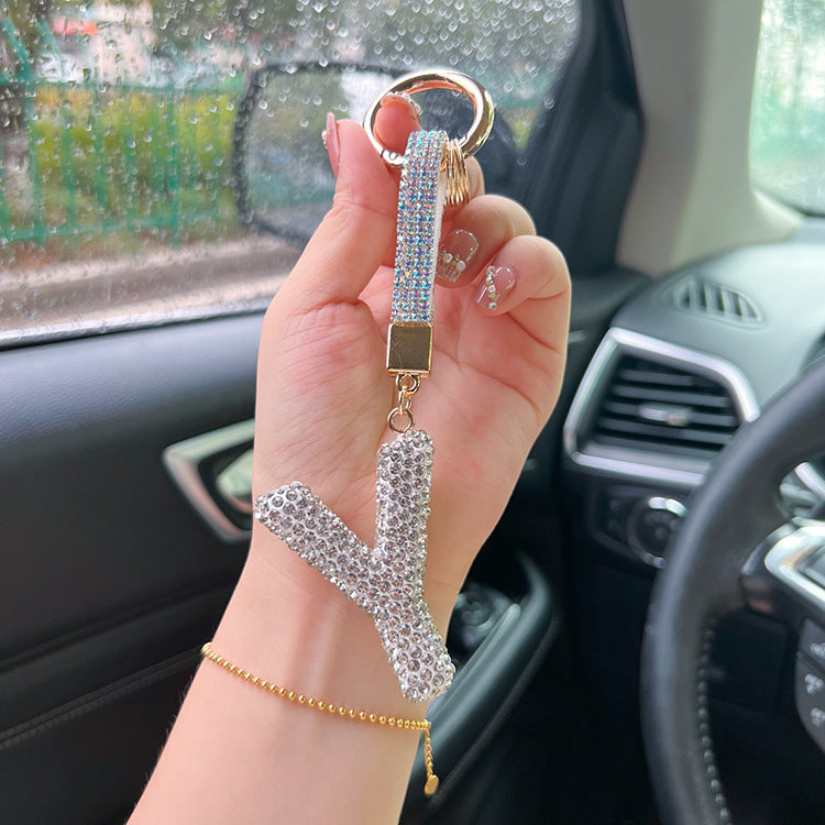 Llavero con letras en inglés, colgante de hebilla redonda de diamante de arcilla