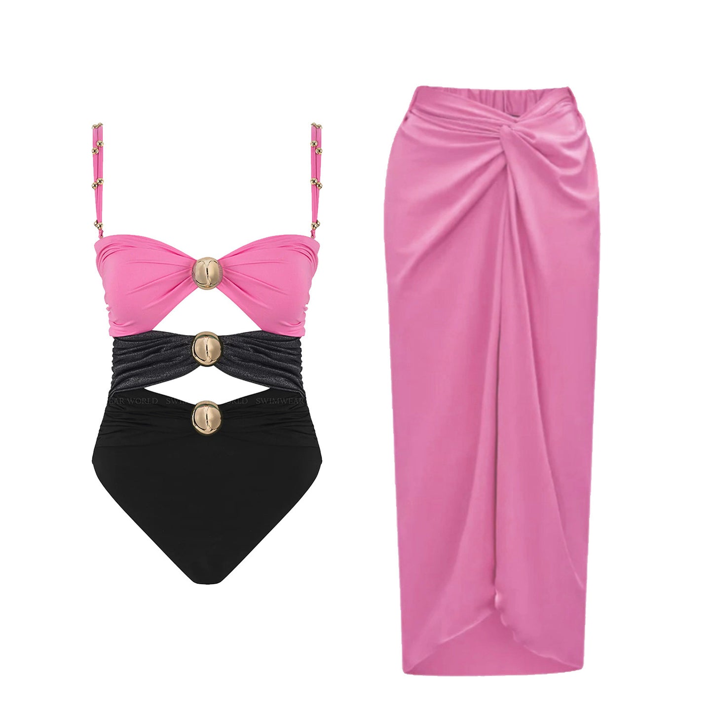 Maillot de bain bikini trois pièces fendu à boutons dorés pour femme