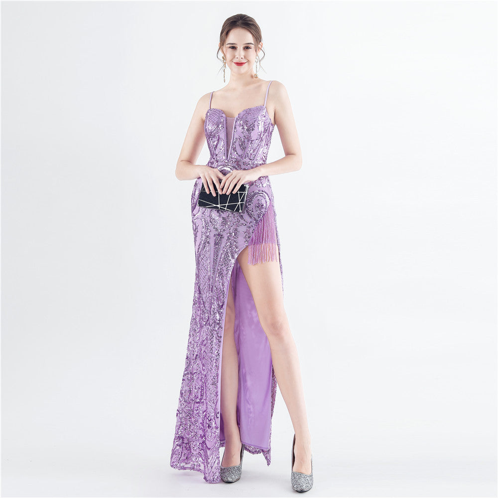 Robe de soirée en arête de poisson à paillettes et fleurs perlées faite à la main