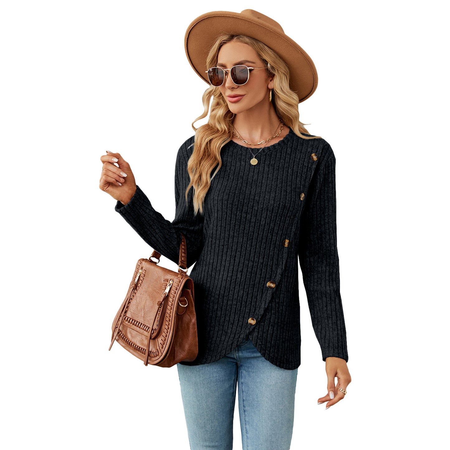 T-shirt à manches longues et col rond pour femme avec ourlet tulipe
