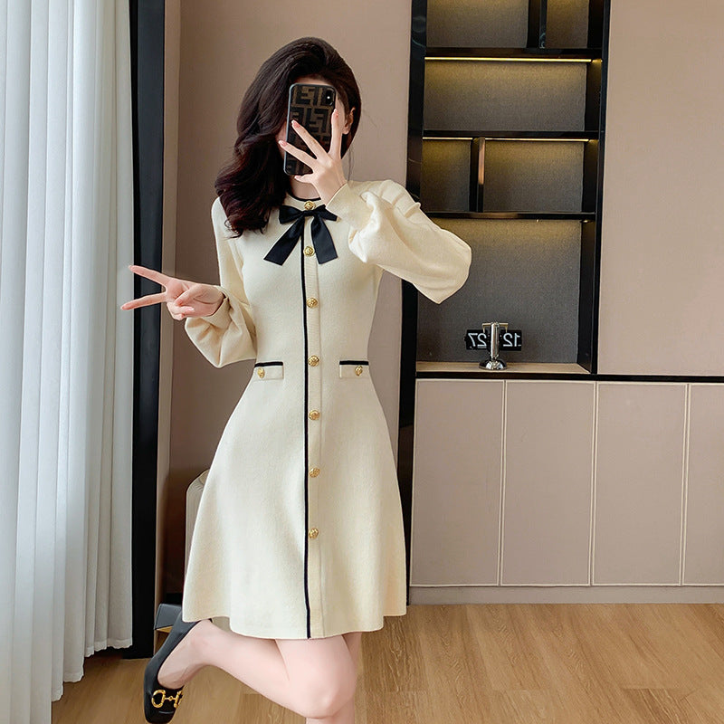 Vestido de punto con cuello y mangas de farol de invierno estilo francés con temperamento de diosa