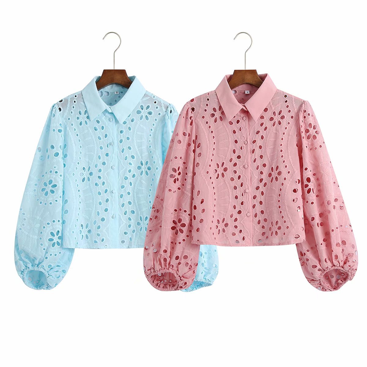 Chemise à manches longues brodée creuse pour femme
