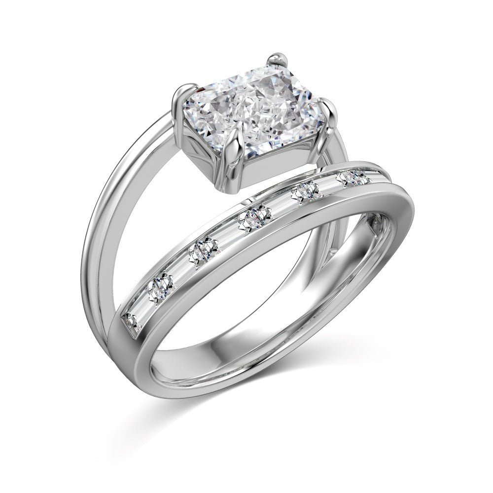 Anillo de doble capa con circonita blanca rectangular de corte en forma de flor de hielo blanca S925 de plata 8A