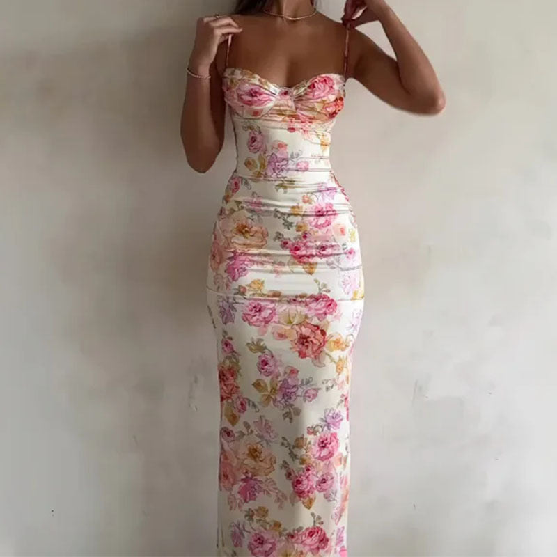 Vestido elegante de moda envuelto en la cadera con estampado floral y tirantes finos para mujer