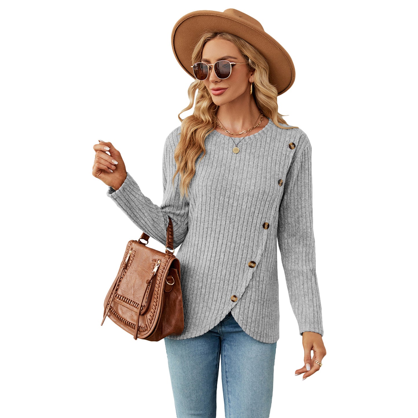 T-shirt à manches longues et col rond pour femme avec ourlet tulipe