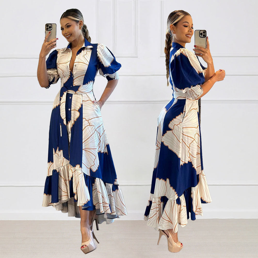 Irregular High Waist Temperament Shirt Cardigan Printing Maxi Dress