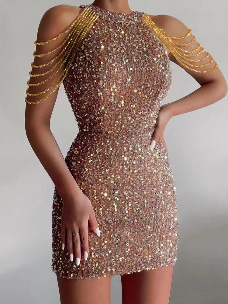 Halter Crystal Fringed Sheath Sequins Dress
