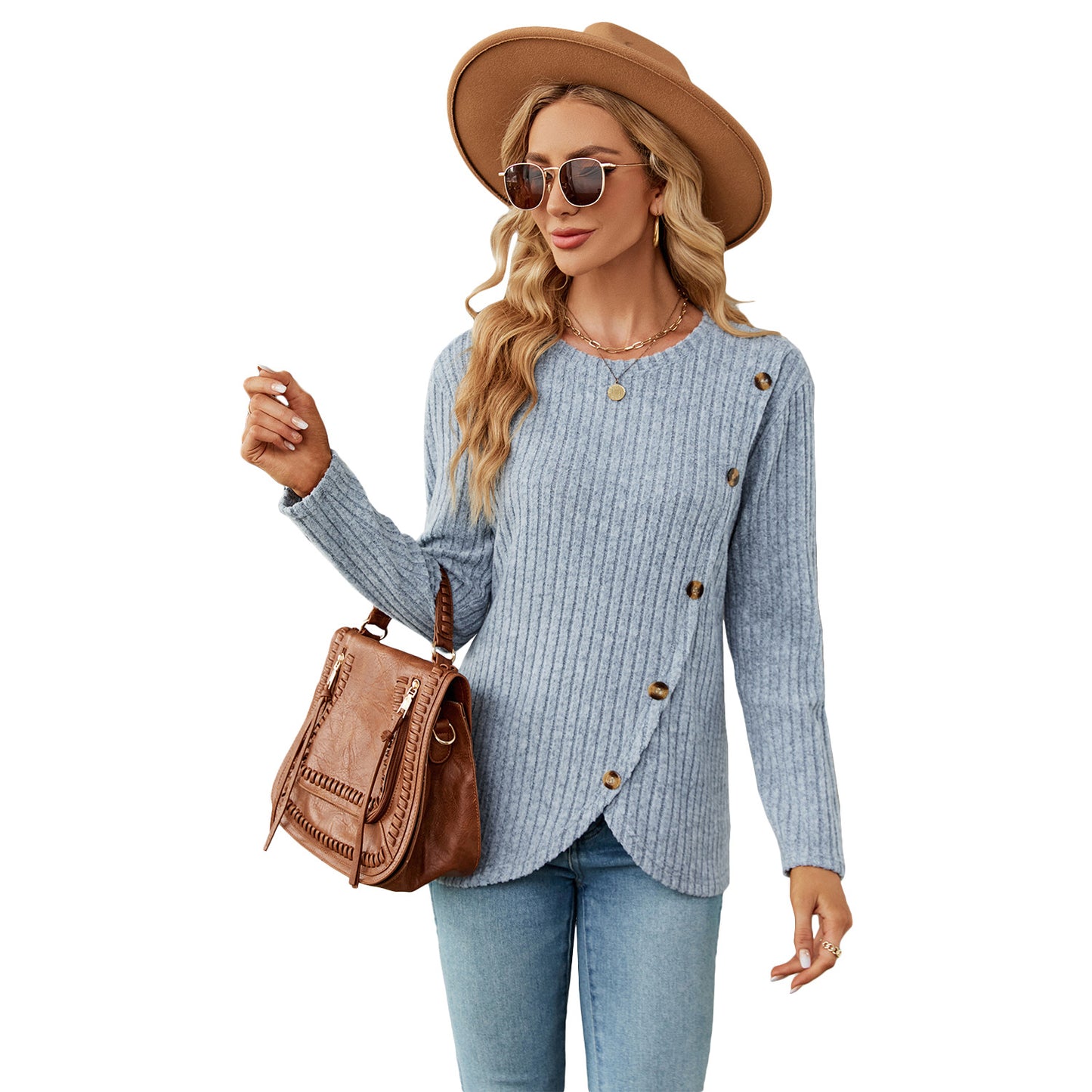 T-shirt à manches longues et col rond pour femme avec ourlet tulipe