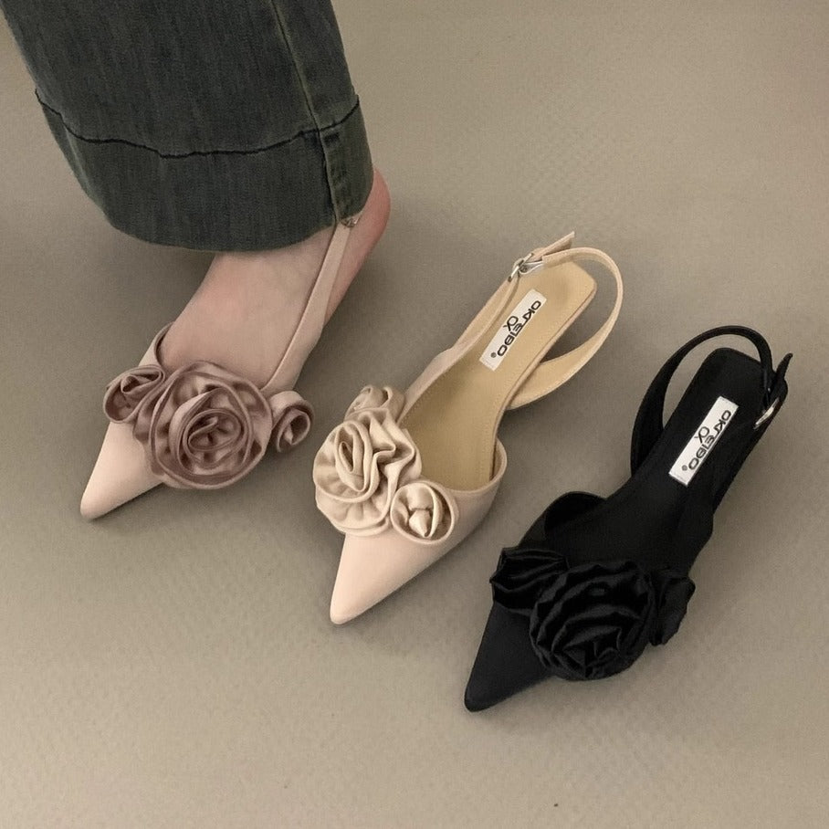 Sandalias puntiagudas con punta cerrada y flor francesa, color negro, zapatos de hadas