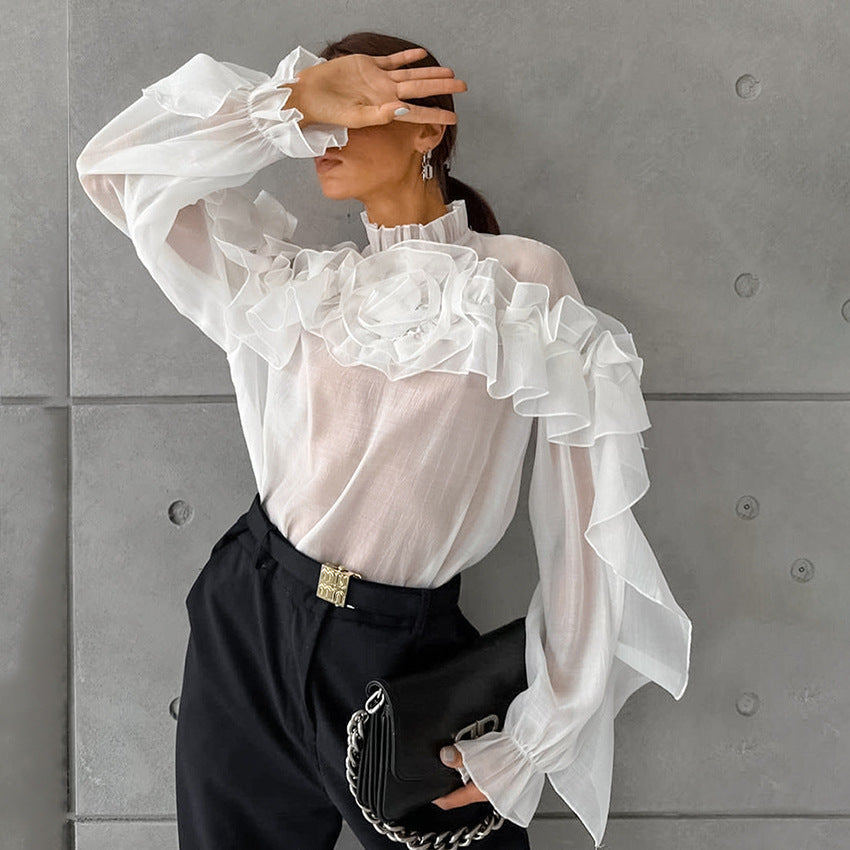 Chemise Tencel à col montant et volants gracieux