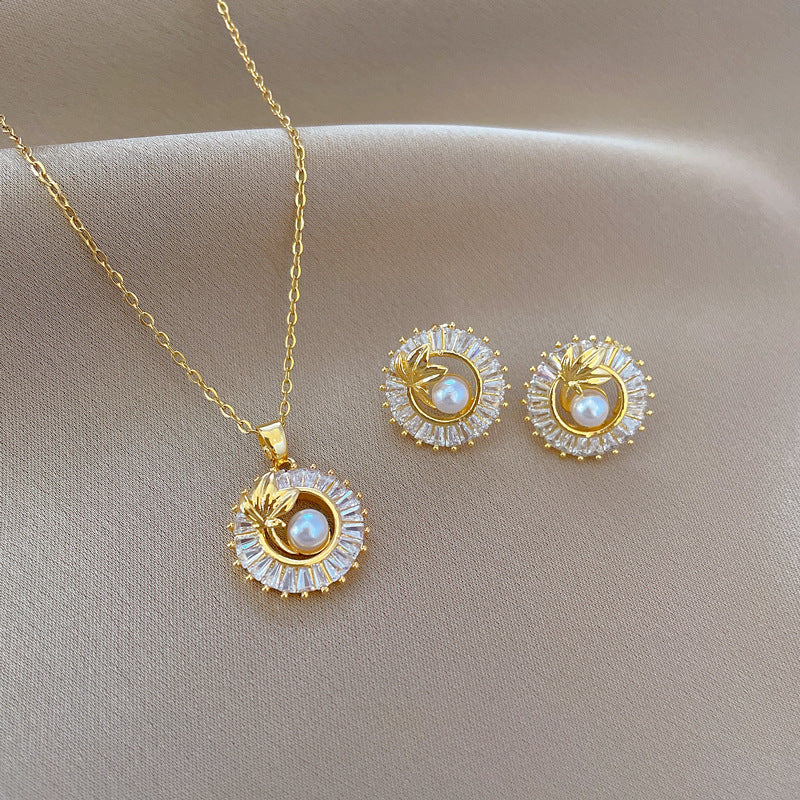 Joyería de moda, conjunto de collar y pendientes de hojas con anillo redondo personalizado de diamantes llenos cuadrados