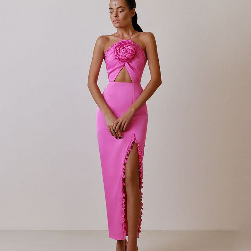 Female Ornament Flower Party Backless Lace Up Split Dress