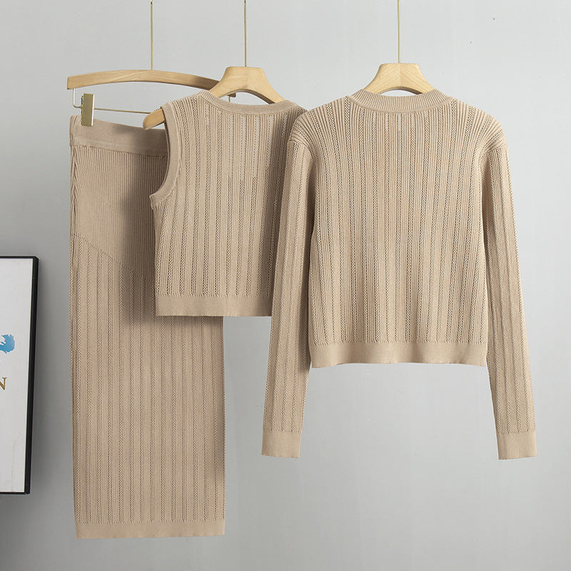 Casual Pure Color Slimming Knitted Women's Skirt Suit