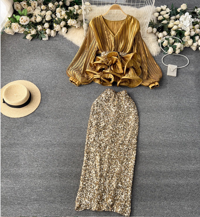 Jupe à paillettes taille haute à volants et à basque pour femme