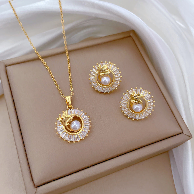 Joyería de moda, conjunto de collar y pendientes de hojas con anillo redondo personalizado de diamantes llenos cuadrados