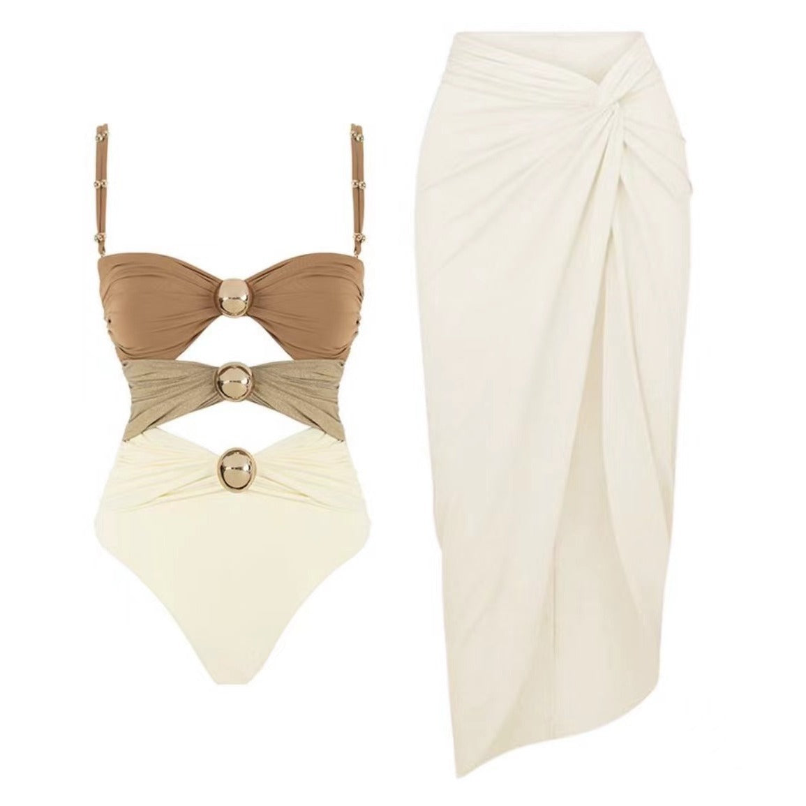 Maillot de bain bikini trois pièces fendu à boutons dorés pour femme