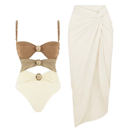 Maillot de bain bikini trois pièces fendu à boutons dorés pour femme