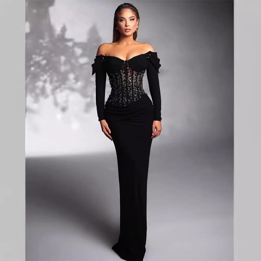 Vestido largo informal ajustado con abertura y ribete de diamantes, sin mangas, sexy, negro