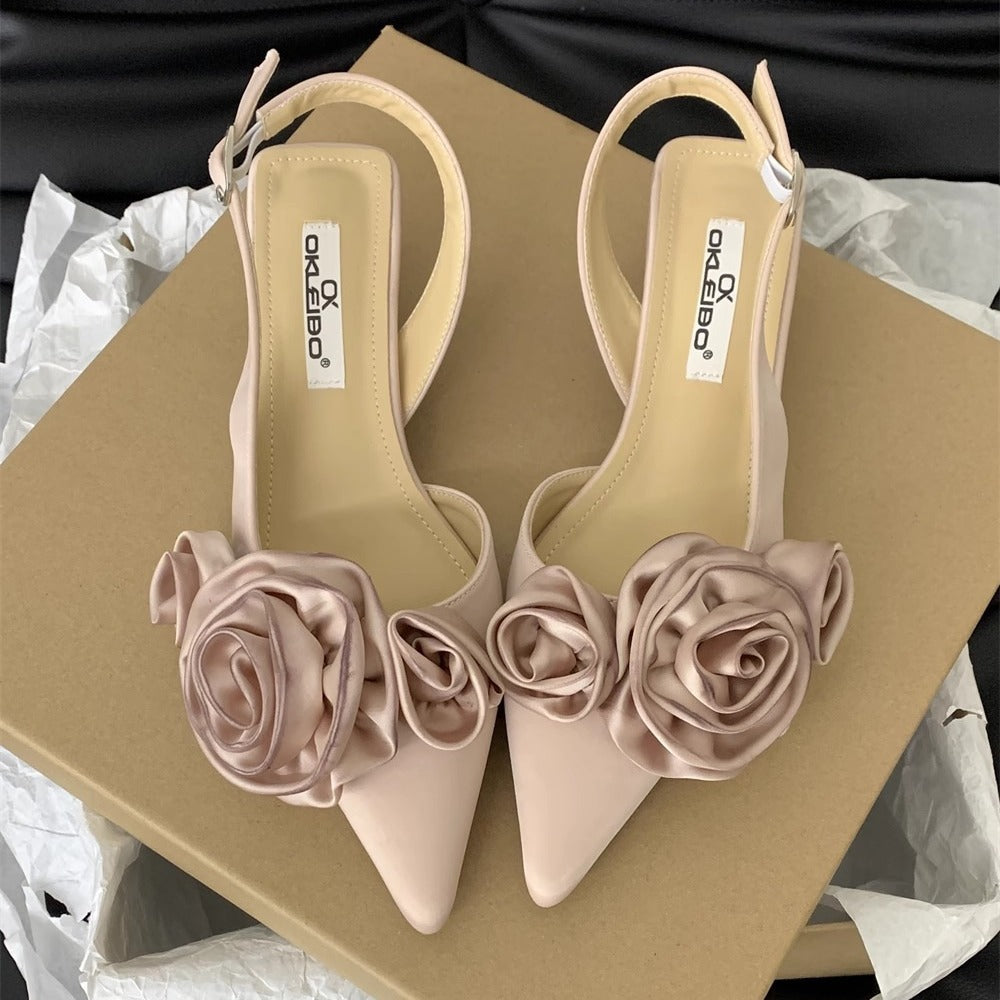 Sandalias puntiagudas con punta cerrada y flor francesa, color negro, zapatos de hadas