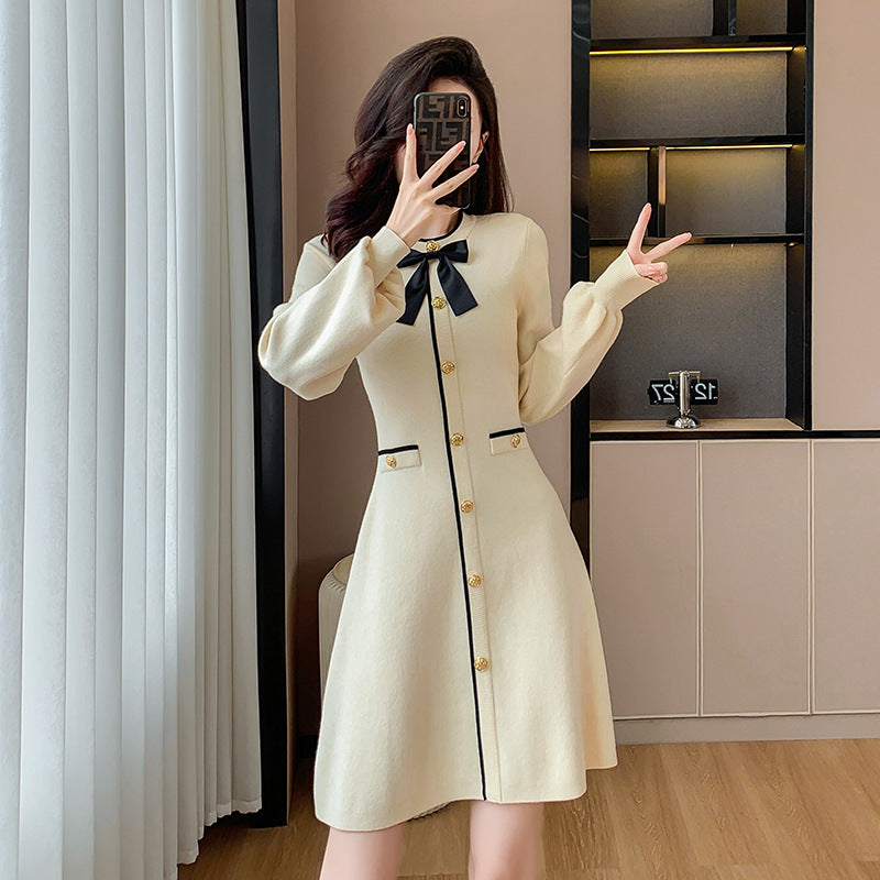 Vestido de punto con cuello y mangas de farol de invierno estilo francés con temperamento de diosa