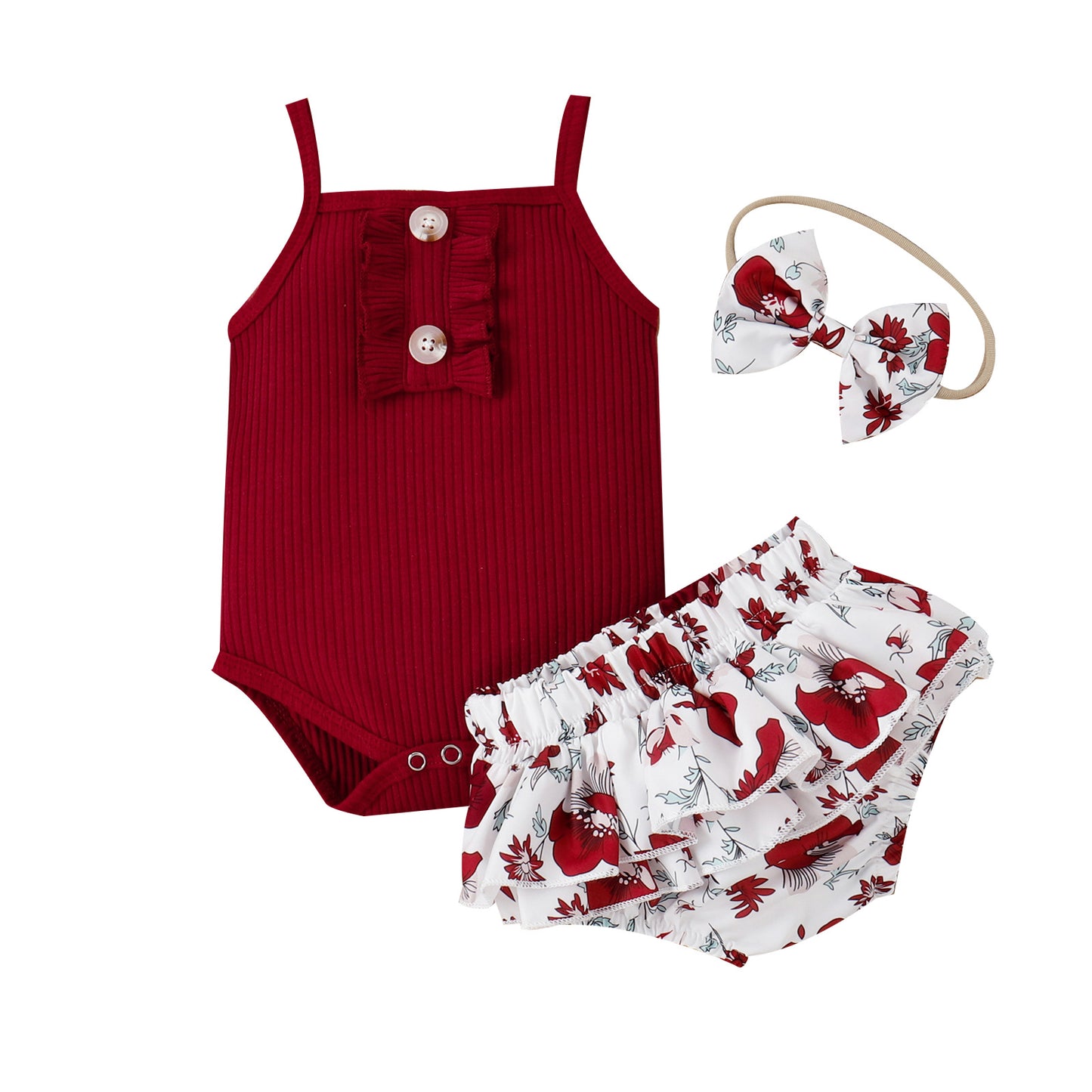 Traje de tres piezas con dobladillo y falda con tirantes de algodón para bebé niña y niño pequeño